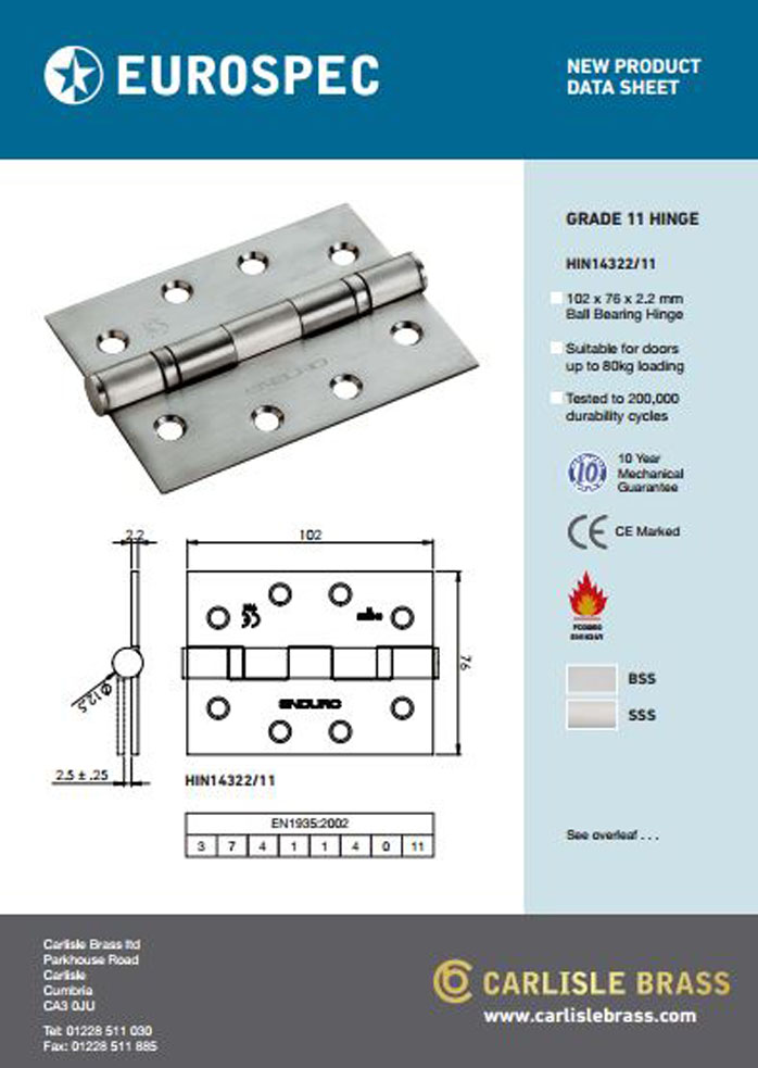 Eurospec Grade 11 Hinge HIN14322 Data Sheet Brochure