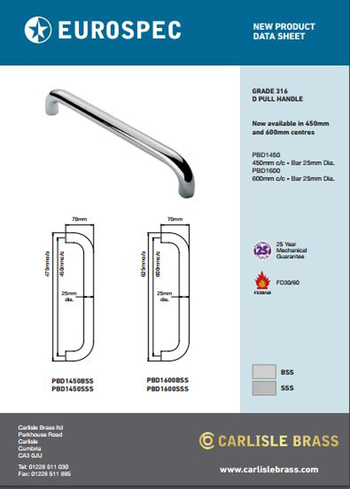 PBD D Pull Handle Grade 316 Data Sheet Brochure