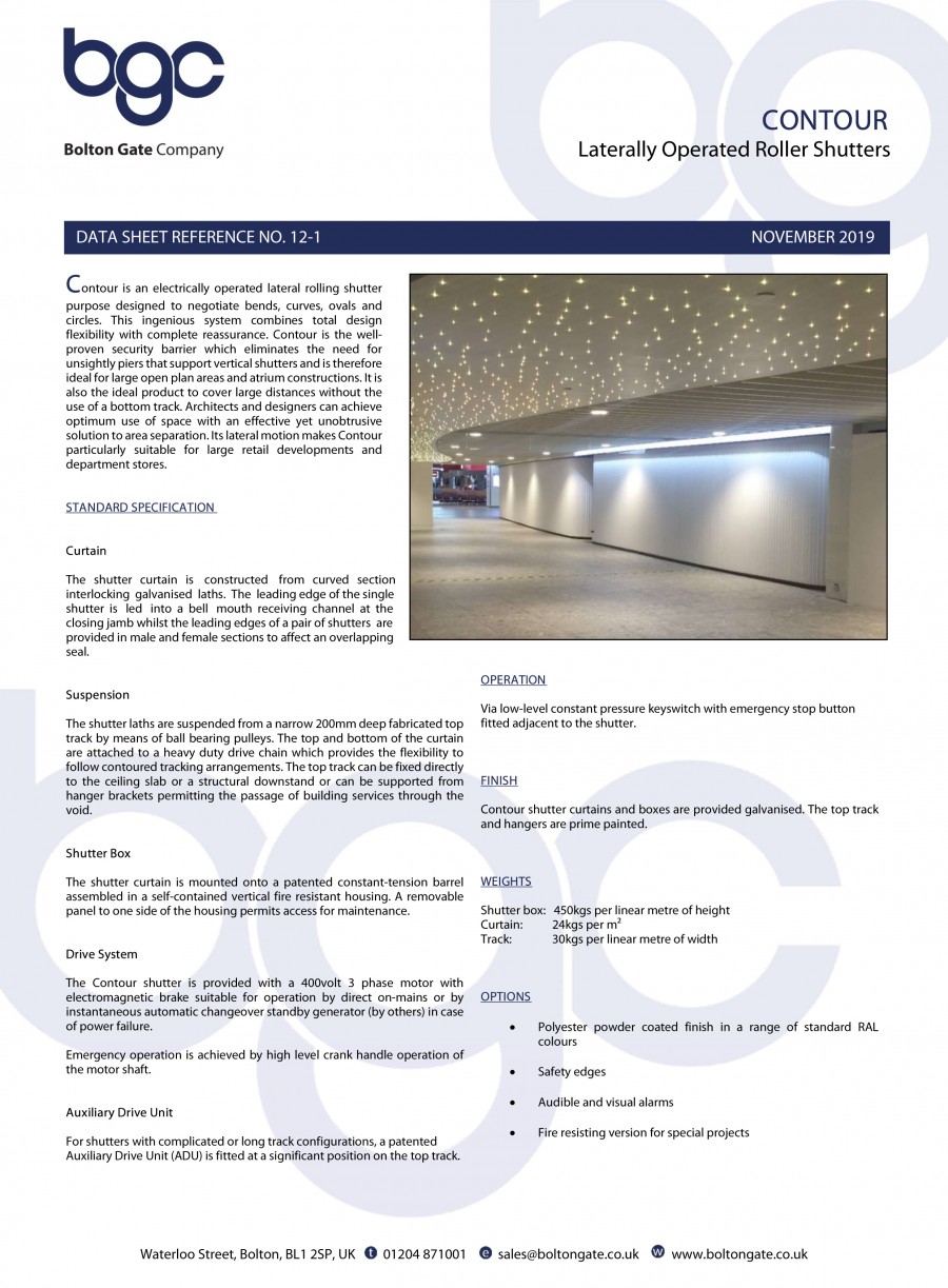 Contour Roller Shutters Data Sheet Brochure