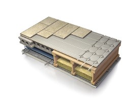 AcoustiPanel™14; Combined Knauf acoustic floor deck solution with integrated Nu-Heat warm water underfloor heating.