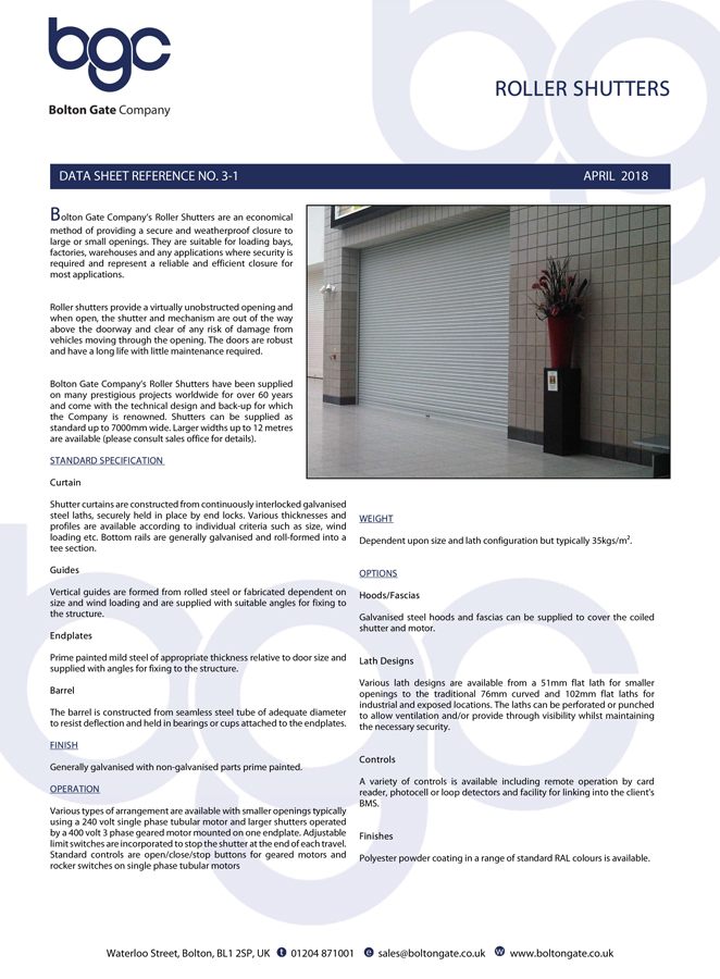 Roller Shutters data sheet Brochure